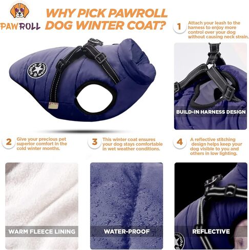 PawRoll Dog Jacket for Winter - Zipper Dog Puffer Coat with Harness - Waterproof Exterior & Warm Fleece Interior Ideal for Small, Medium & Large Breeds (X-Large, Blue) in Saudi Arabia