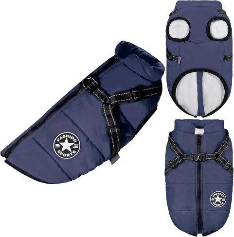 PawRoll Dog Jacket for Winter - Zipper Dog Puffer Coat with Harness - Waterproof Exterior & Warm Fleece Interior Ideal for Small, Medium & Large Breeds (X-Large, Blue) in Saudi Arabia