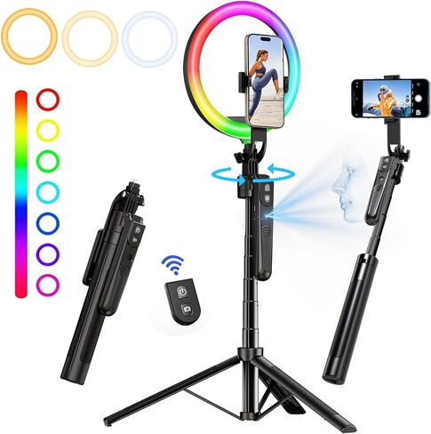 70.9" Auto Face Tracking Tripod 360° Rotation with 10" Ring Light, Phone Tripod & Selfie Stick with Remote for Cell Phone 4"-7", Motion Sensor Phone Tripod for Tiktok Live Stream Vlog Video Recording in Kuwait