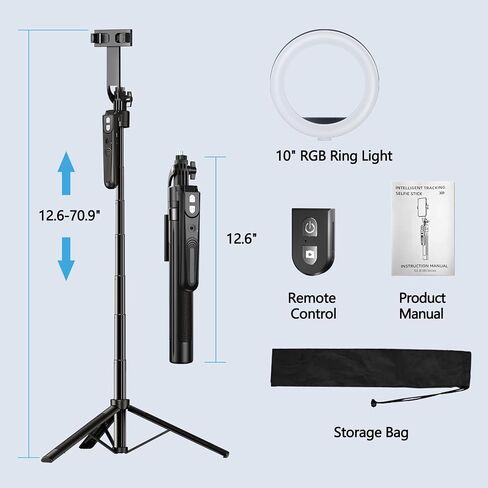 70.9" Auto Face Tracking Tripod 360° Rotation with 10" Ring Light, Phone Tripod & Selfie Stick with Remote for Cell Phone 4"-7", Motion Sensor Phone Tripod for Tiktok Live Stream Vlog Video Recording in Kuwait
