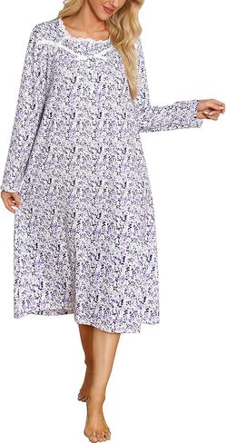 Marvmys Women Long Sleeve Nightgowns Cotton House Dress with Pockets Soft Nightshirt Sleepwears in Kuwait