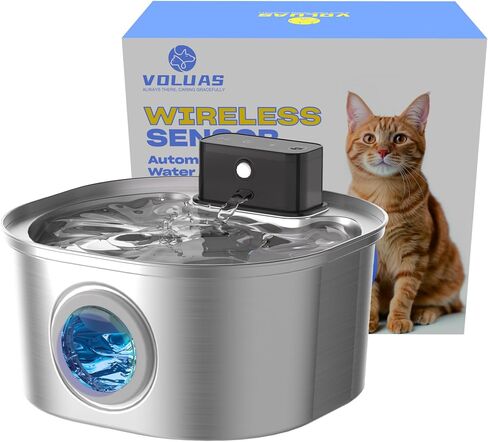 Voluas Stainless Steel Cat Water Fountain: 3.2L/108oz 3-Modes Pet Drinking Fountain Wireless Indoor Cordless Kitty Super-Silent Sensoring Fountain with High-Capacity Battery in Saudi Arabia