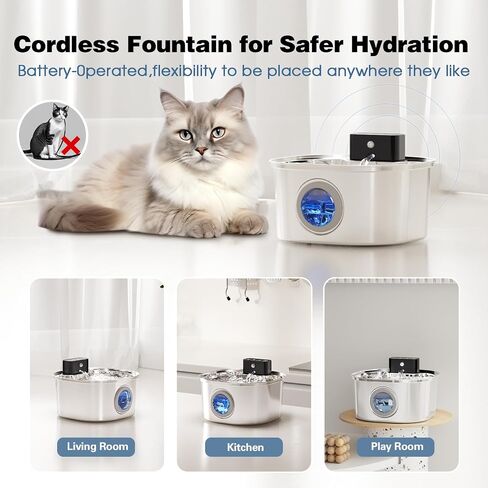 Voluas Stainless Steel Cat Water Fountain: 3.2L/108oz 3-Modes Pet Drinking Fountain Wireless Indoor Cordless Kitty Super-Silent Sensoring Fountain with High-Capacity Battery in Saudi Arabia