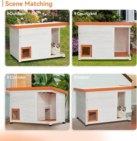 Petsfit Cat House Outdoor Weatherproof for 1-2 Cats, Sizing 34" Lx18 Wx23 H,Wooden Outside Cat House with Corrido and Escape Door White in Kuwait