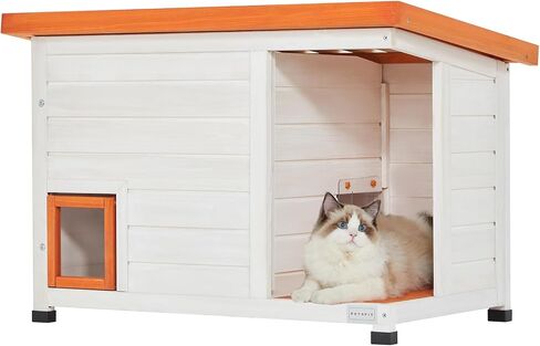 Petsfit Cat House Outdoor Weatherproof for 1-2 Cats, Sizing 34" Lx18 Wx23 H,Wooden Outside Cat House with Corrido and Escape Door White in Kuwait