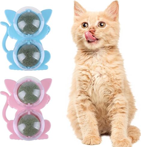 Catnip Toys for Indoor Cats - 6ml Refillable Catnip Balls & Wall Balls, Organic Catnip & Catnip Bubbles, Licking Balls & Chew Toys for Teeth Cleaning, Stress Relief & Play (Blue+Pink) in Saudi Arabia