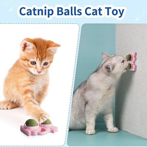 Catnip Toys for Indoor Cats - 6ml Refillable Catnip Balls & Wall Balls, Organic Catnip & Catnip Bubbles, Licking Balls & Chew Toys for Teeth Cleaning, Stress Relief & Play (Blue+Pink) in Saudi Arabia
