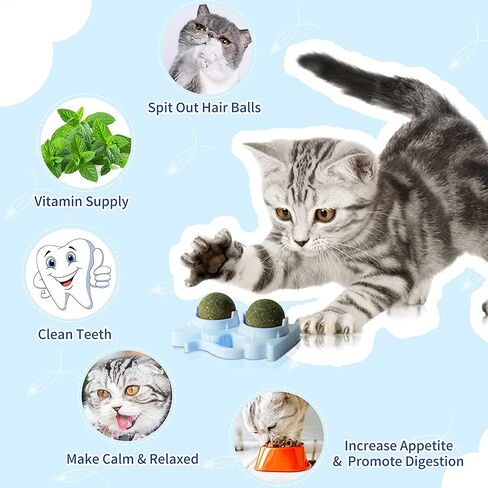 Catnip Toys for Indoor Cats - 6ml Refillable Catnip Balls & Wall Balls, Organic Catnip & Catnip Bubbles, Licking Balls & Chew Toys for Teeth Cleaning, Stress Relief & Play (Blue+Pink) in Saudi Arabia