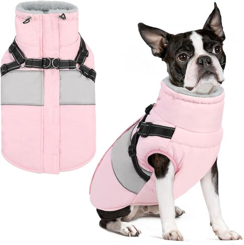 SUNFURA Dog Jacket, Large Dog Coat with Harness Built in, Warm Dog Winter Jacket Zippered Dog Snow Coat with Furry Collar, Waterproof Dog Fleece Jackets Snowsuit for Large Dogs French Bulldog, Pink L in Saudi Arabia