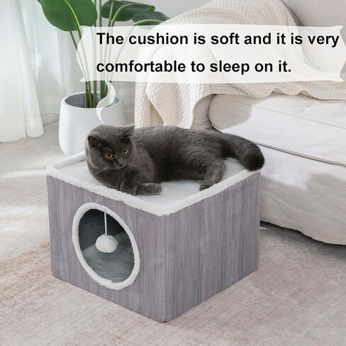 LUCKITTY Cat Condo House with Reversible Cushions and Fluffy Ball Hanging, Foldable Cat Cube, Large Cave Bed for Indoor Cats Kittens, Grey Wood Grain Pattern in Kuwait