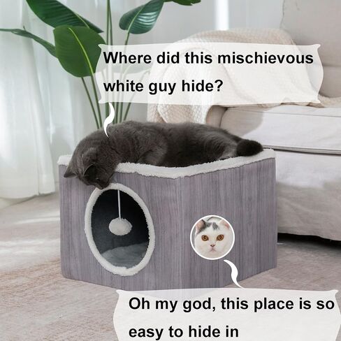 LUCKITTY Cat Condo House with Reversible Cushions and Fluffy Ball Hanging, Foldable Cat Cube, Large Cave Bed for Indoor Cats Kittens, Grey Wood Grain Pattern in Kuwait