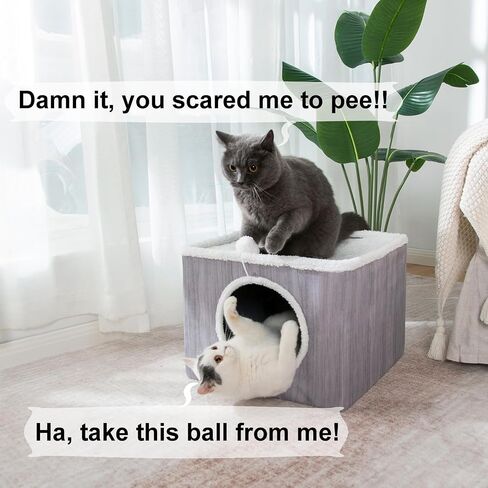 LUCKITTY Cat Condo House with Reversible Cushions and Fluffy Ball Hanging, Foldable Cat Cube, Large Cave Bed for Indoor Cats Kittens, Grey Wood Grain Pattern in Kuwait