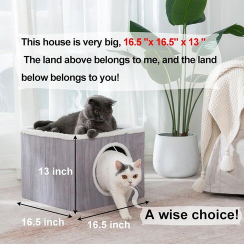 LUCKITTY Cat Condo House with Reversible Cushions and Fluffy Ball Hanging, Foldable Cat Cube, Large Cave Bed for Indoor Cats Kittens, Grey Wood Grain Pattern in Kuwait