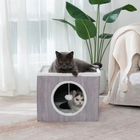 LUCKITTY Cat Condo House with Reversible Cushions and Fluffy Ball Hanging, Foldable Cat Cube, Large Cave Bed for Indoor Cats Kittens, Grey Wood Grain Pattern in Kuwait