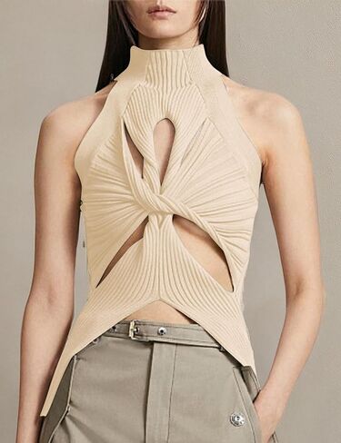 SAFRISIOR Women Sexy Hollow Out Twist Front Knitted Tank Tops Sleeveless High Neck Cut Out Sweater Vest in Kuwait