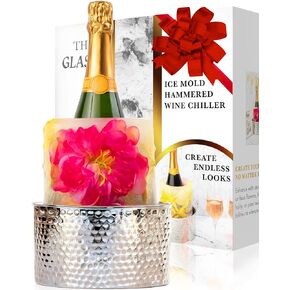 Champagne Ice Mold Wine Bottle Chiller - Durable Hammered Stainless Steel Wine Bucket - DIY Floral Champagne Bucket for Dinner Parties, Birthday, Bridal Shower & Baby Shower - Perfect Hostess Gift
