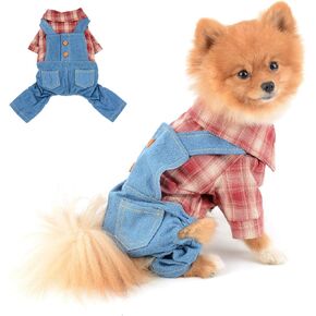 SELMAI Shirt with Bib Pants for Dogs Plaid Tank Tops Tshirt Outfits for Small Male Dogs Puppies Chihuahua Overalls for Cats Apparel for Kittens Summer Adorable Pets Clothes Short Sleeves Red M