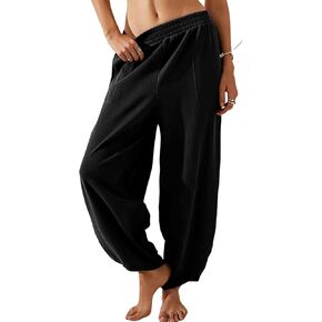 Springrain Womens Wide Leg Pants Baggy Cotton Elastic Waisted Loose Palazzo Pants with Pockets