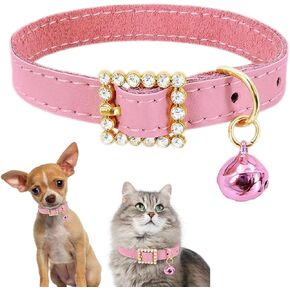 Pink XXS Dog Collars with Bell, Bling Diamond Buckle Puppy Collar Soft Cown Leather Girl Kitten Collars with Bells for XXS XS Small Tiny Female Dogs Pet Cats, XXSmall