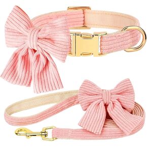 Didog Dog Collar and Leash Set with Bowtie, Girl Dog Collars Metal Buckle Adjustable for Small Medium Dogs(Pink, S)