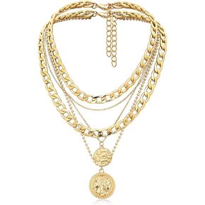 MJartoria Gold Layered Necklaces for Women Trendy Retro Coin Pendant Gold Necklace Dainty Chunky Link Chain Choker Necklaces for Girls Jewelry Birthday Gifts