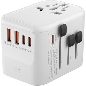 Universal Travel Adapter, 65w International Power Adapter with 3X USB-C and 2X USB-A, White, All-in-one Global Power Adapter for Europe/US/UK/Australia Travel (C/G/A/Type I)
