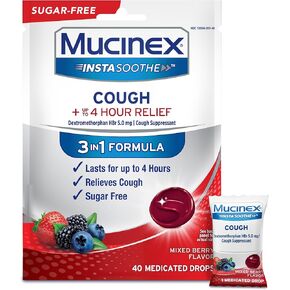 Mucinex Instasoothe Sugar Free Cough Drops, Cough Medicine for Adults with Dextromethorphan HBr, Non Menthol Cough Drops, Cough Suppressant Lozenges, Mixed Berry Medicated Cough Drops, 40ct