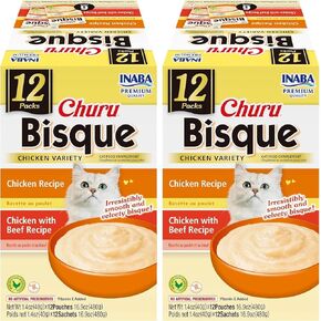 INABA Churu Bisque for Cats, Creamy Lickable Purée Side Dish with Vitamin E, 1.4 Ounces per Pouch, 24 Pouches Total, Tuna & Chicken Variety