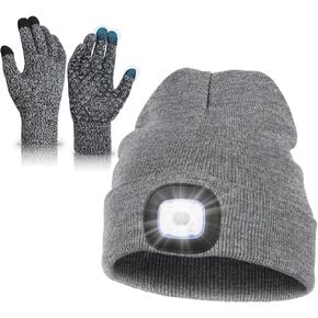 MELASA LED Beanie Cap with Light Winter Gloves Set for Men Women, USB Rechargeable Headlamp Knit Hats, Touchscreen Fleece Lined Warm Gloves, Gifts for Men Dad Husband