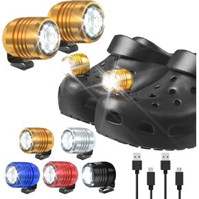 2 Rechargeable Headlights for Croc Charms, Flashlight Attachment Accessories Kids Girl Boy Women Men Sandals, Clip on Clog Headlamp Shoe Decoration Charms, Gold