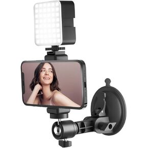 Mirror Suction Cup Phone Holder with Light for Content Creator Essentials, Travel Wall Phone Camera Mount for Makeup, Mirror Tripod for Bathroom Kitchen Compatible with All Smooth Surface
