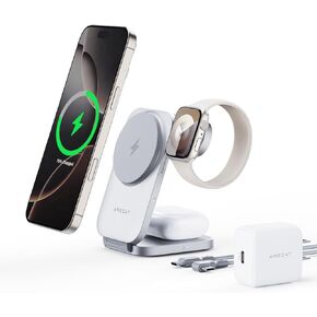 MagFusion Z 3-in-1 MagSafe-Compatible Charging Station, Qi2 Certified 15W Wireless Foldable Charger, for iPhone 16/15/14/13/12, AirPods 4/3/2/Pro, Apple Watch Charger, Silver