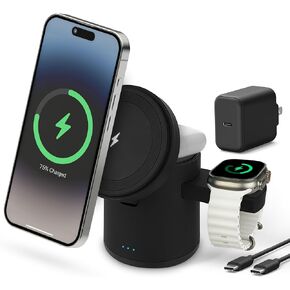 Powerpod 3 in 1 Wireless Charger Offer 15W Fast Charging - Portable Charging Station with USB-C Cable, Power Adapter, Wireless Charger - Black Wireless Charging Station - 71.5 x 71.5 x 84mm