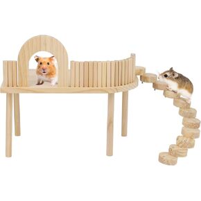 Hamster Platform with Climbing Ladder, Wooden Small Pet Play Stand, Guinea Pig Playground with Fence, Small Animals Activity Toy for Squirrel Gerbil Squirrel Rat