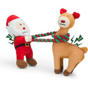 UNISE Christmas Dog Toys, 2 Pack Squeaky Dog Toys, Stuffed Dog Toys for Large Medium Small Dogs, Dog Christmas Toys with Detachable Rope, Crinkle Dog Toys to Keep Them Busy - Santa Claus & Reindeer