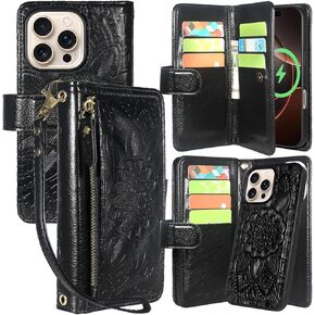 Harryshell for iPhone 16 Pro Max 5G Detachable Magnetic Case Wallet,Compatible with Magsafe Wireless Charging, [Theft-Scan Blocking] Card Slots, Cash Zipper Pocket Wrist Strap (Floral Blue Green)