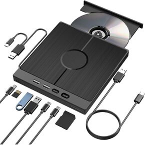 CD DVD Player Drive,7 in 1 Portable External CD DVD Burner for Laptop and PC,USB3.0 and USB C,Compatible with Windows 11/10/8/7 Linux MAC OS.