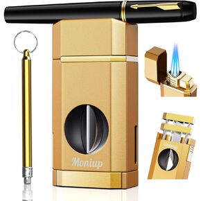 Triple Jet Torch Lighter with One-Touch V Cutter, Holder, Draw Enhancer Tool, Gifts for Men, Butane Refillable Lighter, Multifunctional All-in-one Lighter with Accessories, for Outdoor Travel, Candles