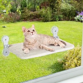 Foldable Cat Hammock for Window, Cat Window Perch with Removable Soft Cover, Cordless Cat Window Hammock for Large Cats, Machine Washable Cat Bed Cover and Solid Metal Frame(Grey Cushion Bed, Large)