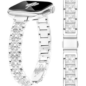 Bling Slim Watch Band Women Compatible with Apple Watch Band 38mm 40mm 41mm 42mm (S10) Metal Jewelry Sparkly Diamond Thin Replacement Strap for iWatch Series 10/9/8/7/6/5/4/3/2/1/SE Silver