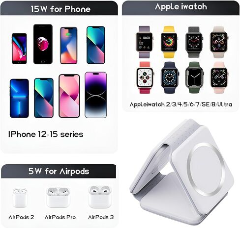 محطة شحن لهاتف iPhone - شاحن لاسلكي 3 في 1 قاعدة مغناطيسية قابلة للطي - وسادة شحن للسفر لساعة iPhone 16 15 14 13 12 Pro Max Plus in Saudi Arabia