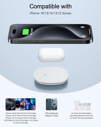 شاحن لاسلكي مغناطيسي من NANAMI - قاعدة شحن لاسلكية لشاحن MagSafe/iPhone 15/15 Pro/14/14 Plus/14 Pro/14 Pro Max/13/13 Pro/13 Pro Max/12/12 Pro، شاحن آمن Mag مع نوع USB كابل سي in Kuwait