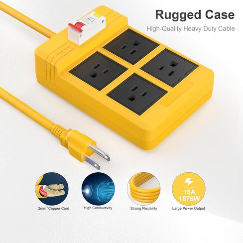 GFCI Power Strip Surge Protected Extension Cord, 9.84 FT Heavy Duty Extension Cable with Leakage Protection 4 Gang 1875W Plug for Workshop Garage GFCI Power Extension - Yellow in Saudi Arabia