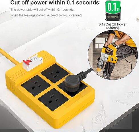 GFCI Power Strip Surge Protected Extension Cord, 9.84 FT Heavy Duty Extension Cable with Leakage Protection 4 Gang 1875W Plug for Workshop Garage GFCI Power Extension - Yellow in Saudi Arabia