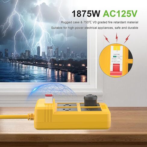 GFCI Power Strip Surge Protected Extension Cord, 9.84 FT Heavy Duty Extension Cable with Leakage Protection 4 Gang 1875W Plug for Workshop Garage GFCI Power Extension - Yellow in Saudi Arabia