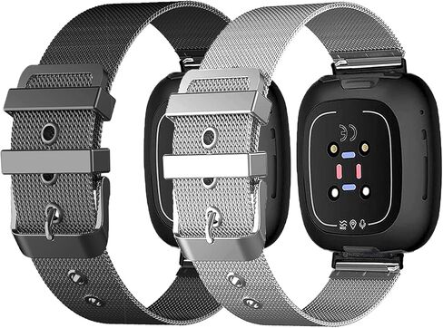 2 Pack Metal Bands Compatible with Fit bit Versa 3 /Fit bit Versa 4 /Fit bit Sense 2 /Fit bit Sense Bands for Women Men, Stainless Steel Metal Adjustable Replacement Strap for Versa 3/Fit bit Sense in Saudi Arabia