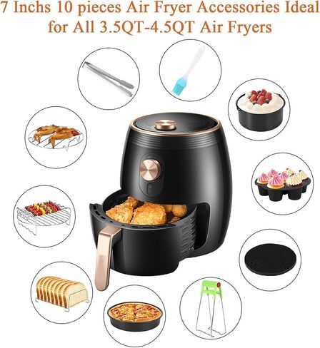 Air Fryer Accessories Set Fit for Gowise Gourmia Cozyna Ninja,Fit All 2.3qt-3.2qt Air Fryer,Kits with Skewers Silicone Mat,Pizza Pan,Cake Barrel,Non-Stick,Dishwasher Safe,Universal,6 Inch 10pcs,Black in Saudi Arabia