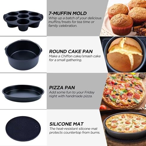 Air Fryer Accessories Set Fit for Gowise Gourmia Cozyna Ninja,Fit All 2.3qt-3.2qt Air Fryer,Kits with Skewers Silicone Mat,Pizza Pan,Cake Barrel,Non-Stick,Dishwasher Safe,Universal,6 Inch 10pcs,Black in Saudi Arabia