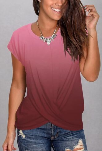 Jescakoo Women's Short Sleeve Round Neck T Shirt Front Twist Tunic Tops Casual Loose Fitted in Kuwait