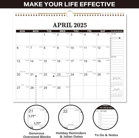 2025 Wall Calendar - 2025 Calendar, 12 Month Hanging Wall Calendar 2025, 11" x 8.5", Jan 2025 - Dec 2025, Sturdy Spiral Binding, Julian Dates, Large Block, Thick Paper, Perfect for Organizing in Saudi Arabia